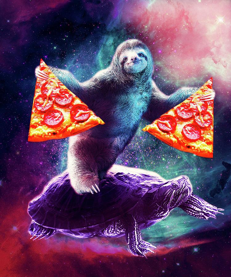 Funny Space Sloth With Pizza Riding On Turtle Digital Art By Random Galaxy Pixels