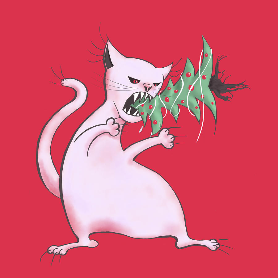 Funny White Cat Eats Christmas Tree Digital Art by Boriana Giormova