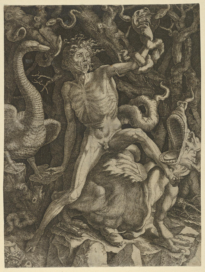 Fury personified as an old man riding a monster holding a skull in his left hand Drawing by Giovanni Jacopo Caraglio