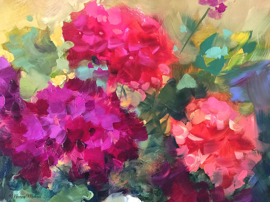 Flower Painting - Future Bloomers Geraniums by Nancy Medina