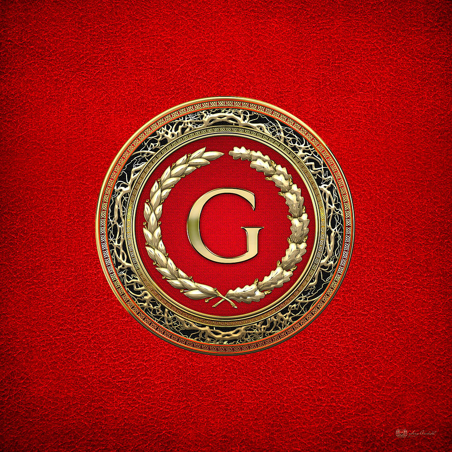 G - Gold Vintage Monogram on Red Leather Digital Art by Serge Averbukh