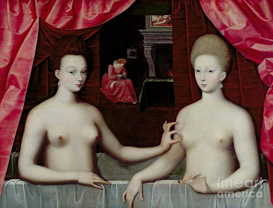 Gabrielle dEstrees and her sister the Duchess of Villars Painting by Fontainebleau School