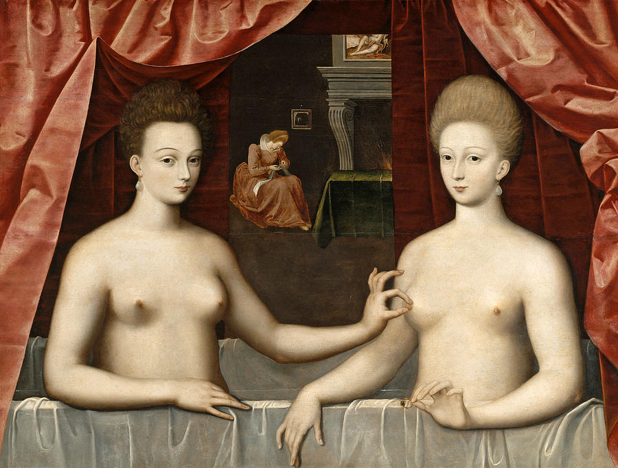 Gabrielle dEstrees and One of Her Sisters Painting by School of Fontainebleau