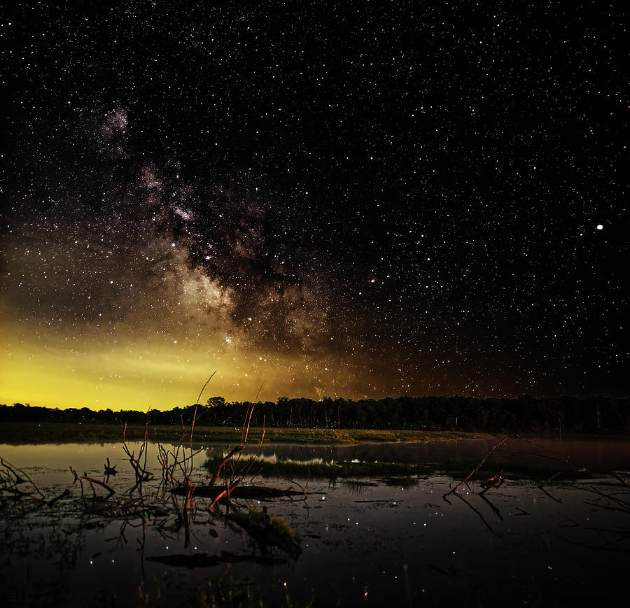 Galactic and Terrestrial Fireworks - Milky way core with spring pond and fireflies near Stoughton WI Photograph by Peter Herman