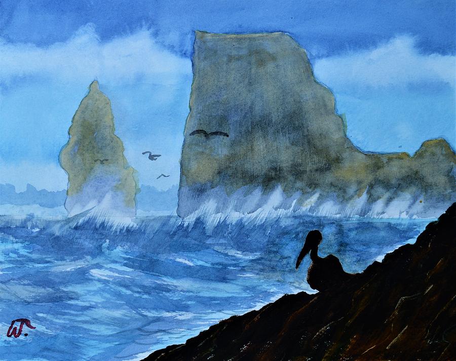 Galapagos Kicker Rock and Brown Pelican Painting by Warren Thompson