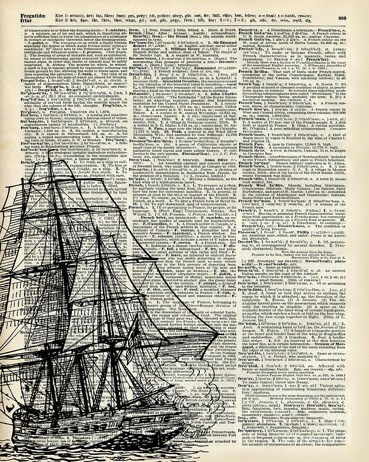Boat Digital Art - Galleon Ship over Dictionary Page by Anna W