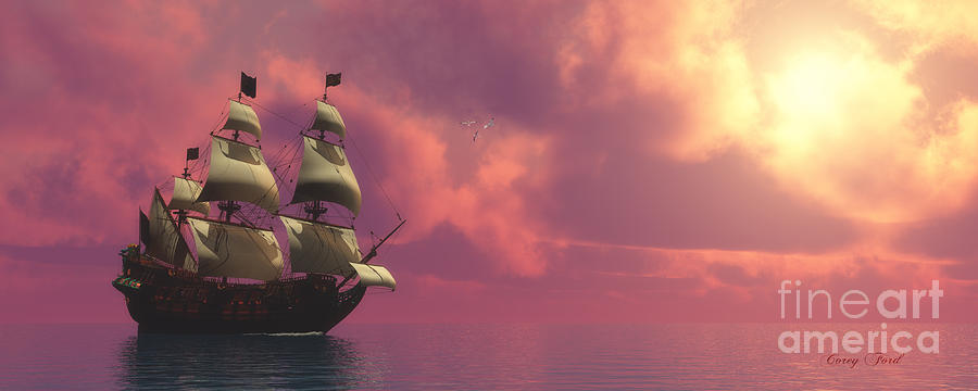 Transportation Painting - Galleon Ship with Sails by Corey Ford