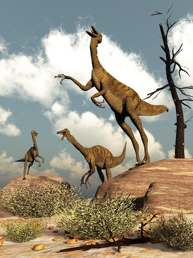 Gallimimus dinosaurs - 3D render Digital Art by Elenarts - Elena Duvernay photo