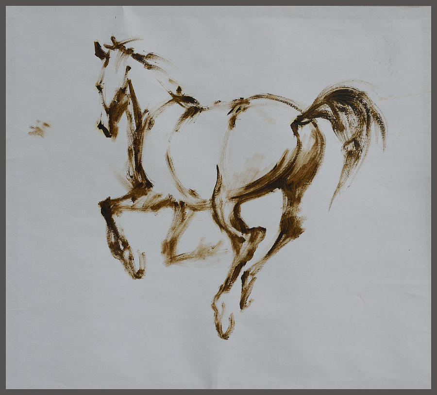 Drawn monochrome image of a galloping horse on a colored and white  background. | CanStock