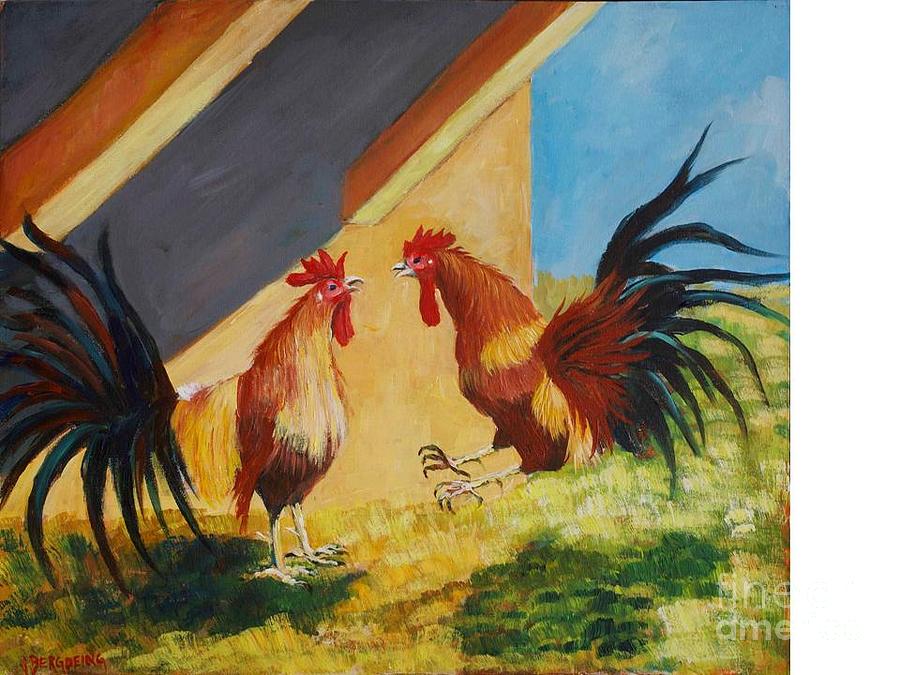 Gallos azuzandose Painting by Jean Pierre Bergoeing