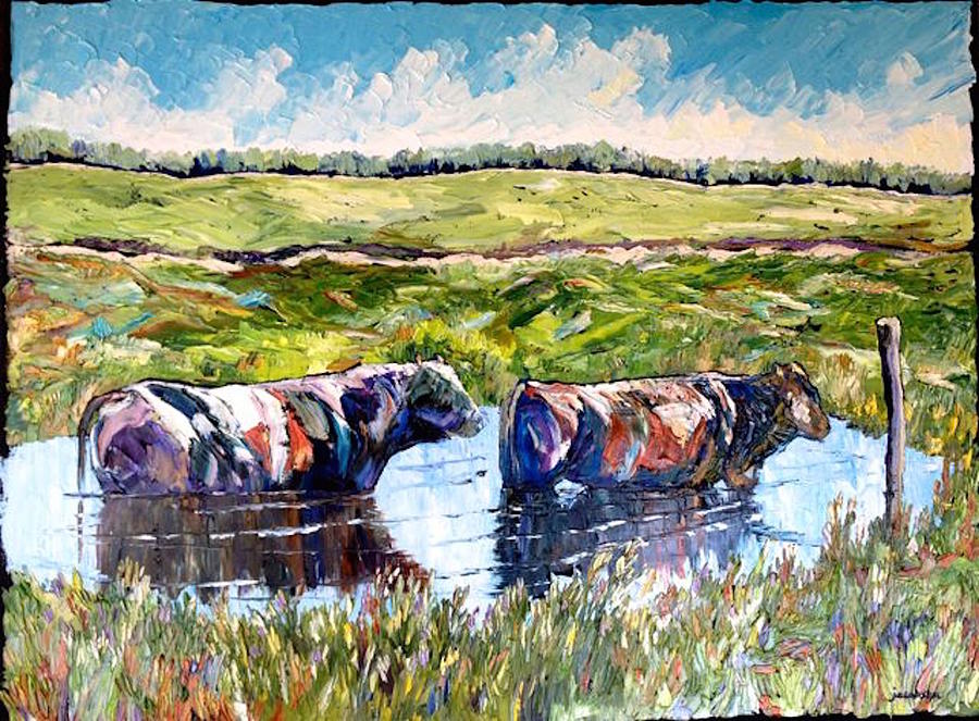 Galveston Cows Painting by Carrie Jacobson
