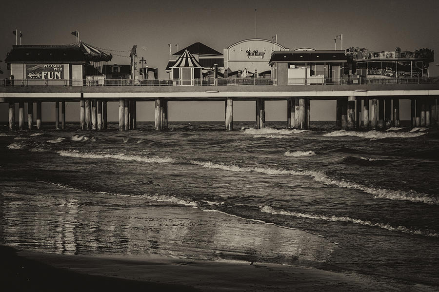 Galveston Pleasure Pier - Black and White Photograph by Kathy Adams Clark