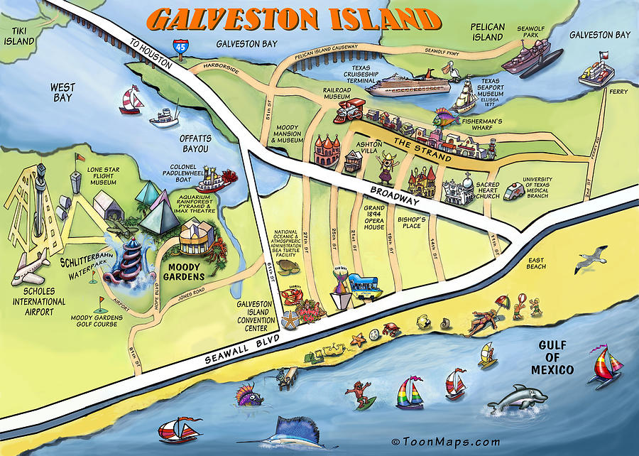 Galveston Texas Cartoon Map Digital Art by Kevin Middleton