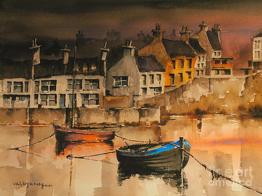 GALWAY.. Roundstone Harbour evening glow Painting by Val Byrne