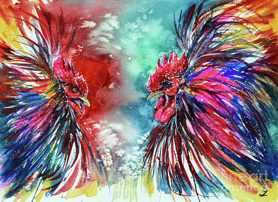 Gamecocks Painting by Zaira Dzhaubaeva