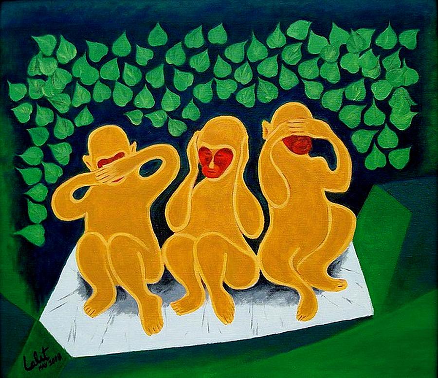 Monkey Painting - Gandhi three monkey by Lalit Jain