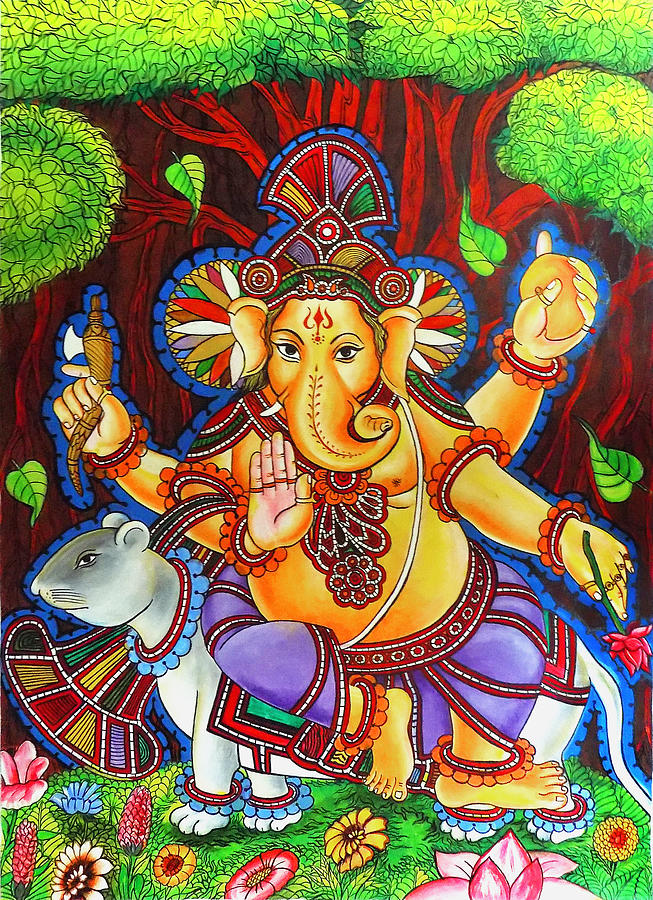 Ganesha Hindu Colored Mural Painting Arun Sivaprasad 