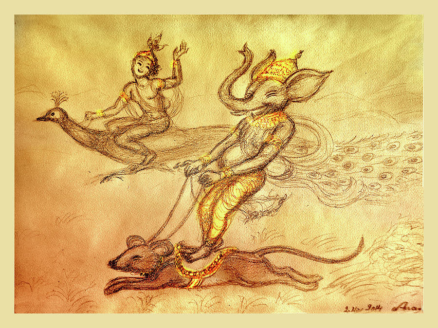 Ganesha and Kartikeya in a  race Mixed Media by Ananda Vdovic