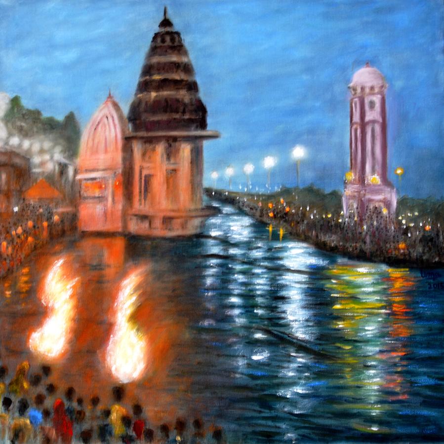 Ganga Aarti at Haridwar Painting by Uma Krishnamoorthy