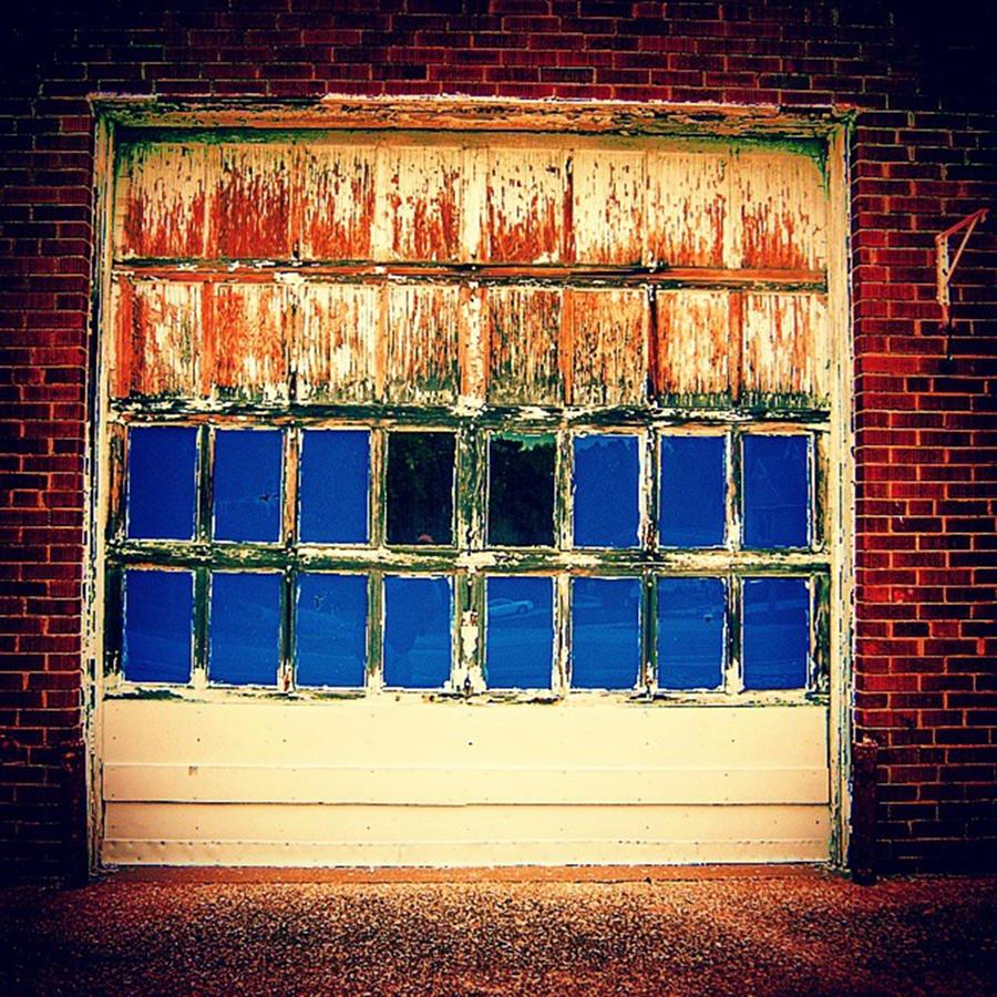 Brick Photograph - Garage Door, Flaking Paint, Blue by Alex Haglund