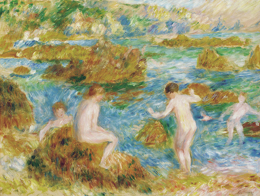 Garcons nus dans les rochers a Guernsey, 1883 Painting by Pierre Auguste Renoir
