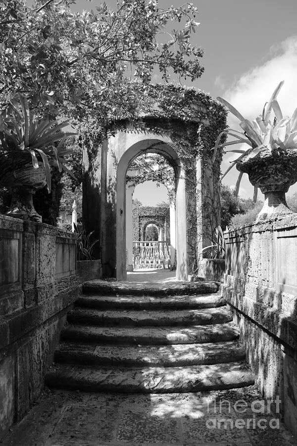 Garden Arches of Vizcaya - Black and White Photograph by Carol Groenen