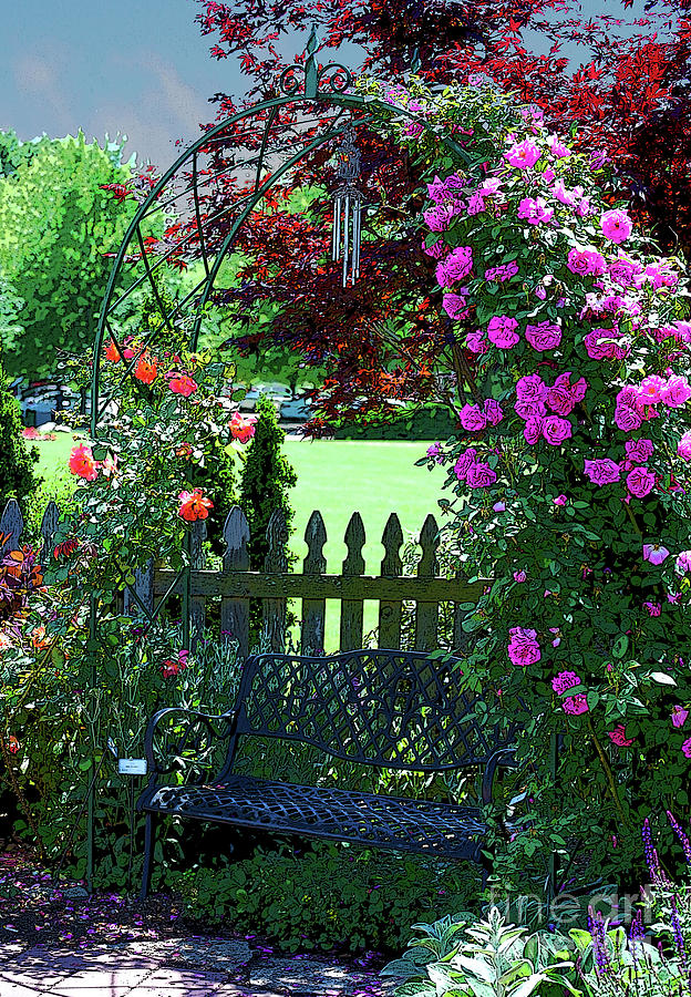 Rose Photograph - Garden Bench and Trellis by Nancy Mueller