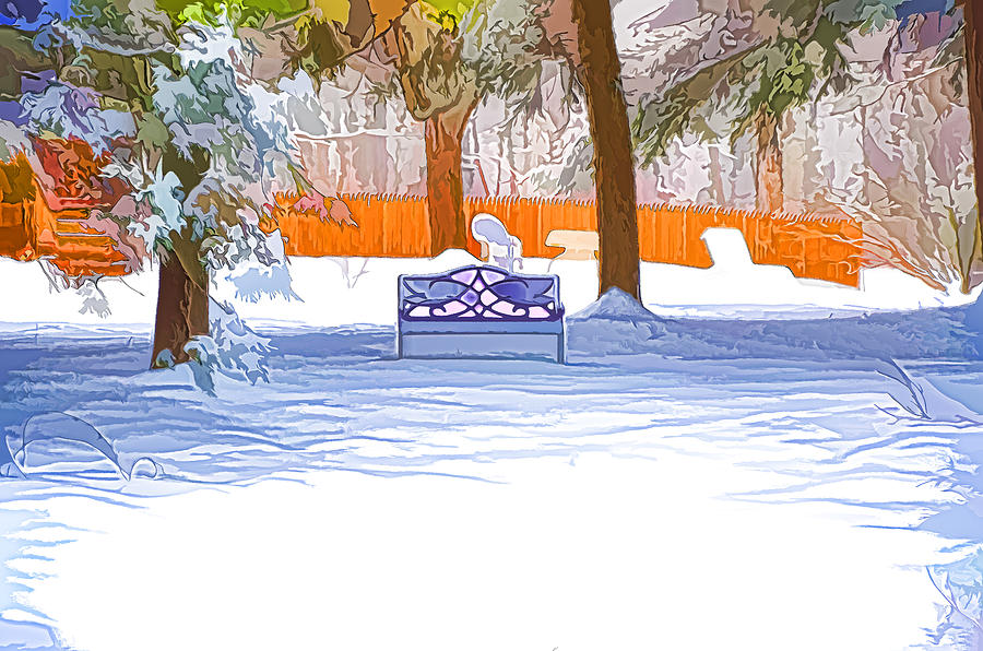 Garden  bench with snow Painting by Jeelan Clark
