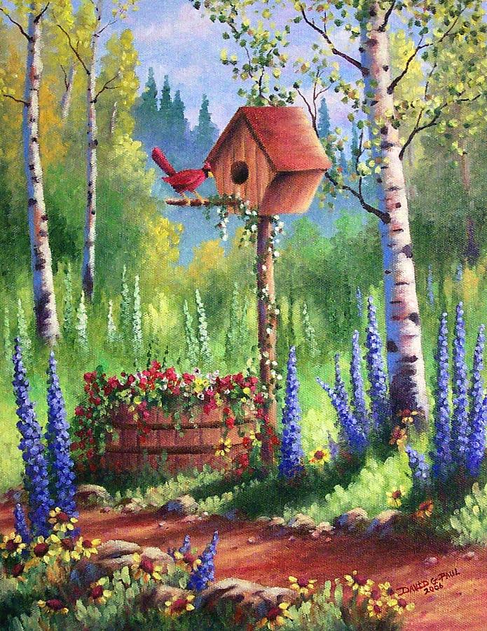 Cardinal Painting - Garden Birdhouse by David G Paul