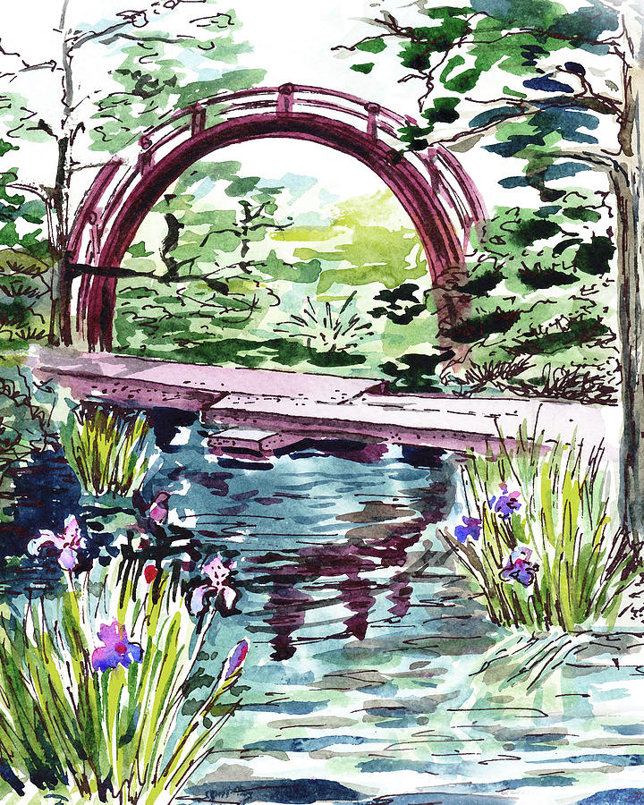 Iris Painting - Garden Bridge Over The Pond Watercolor by Irina Sztukowski