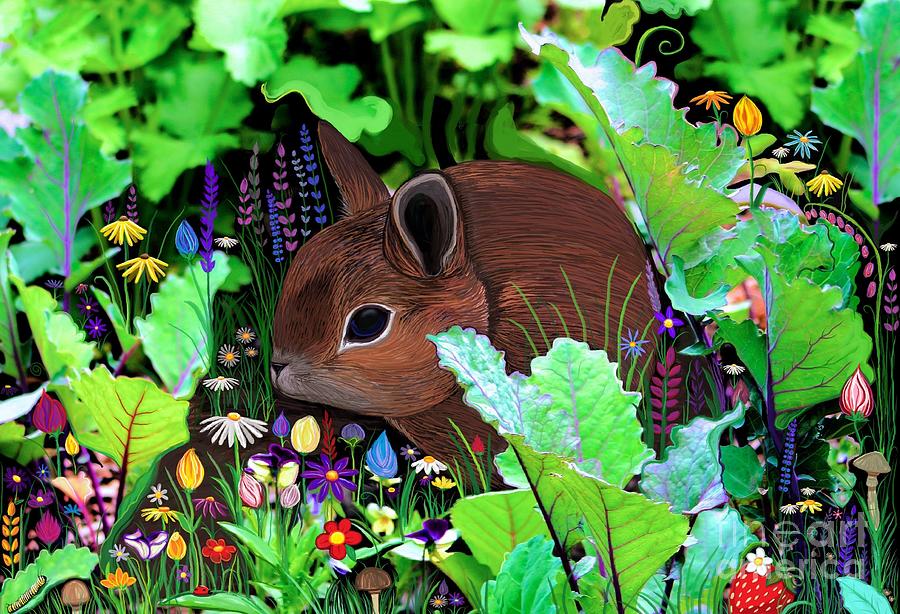Garden Bunny And Flowers Digital Art