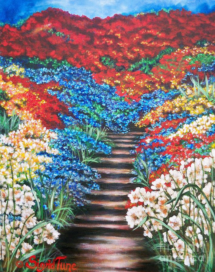 Flower Painting -  Red White and Blue Garden Cascade.               Flying Lamb Productions  by Sigrid Tune