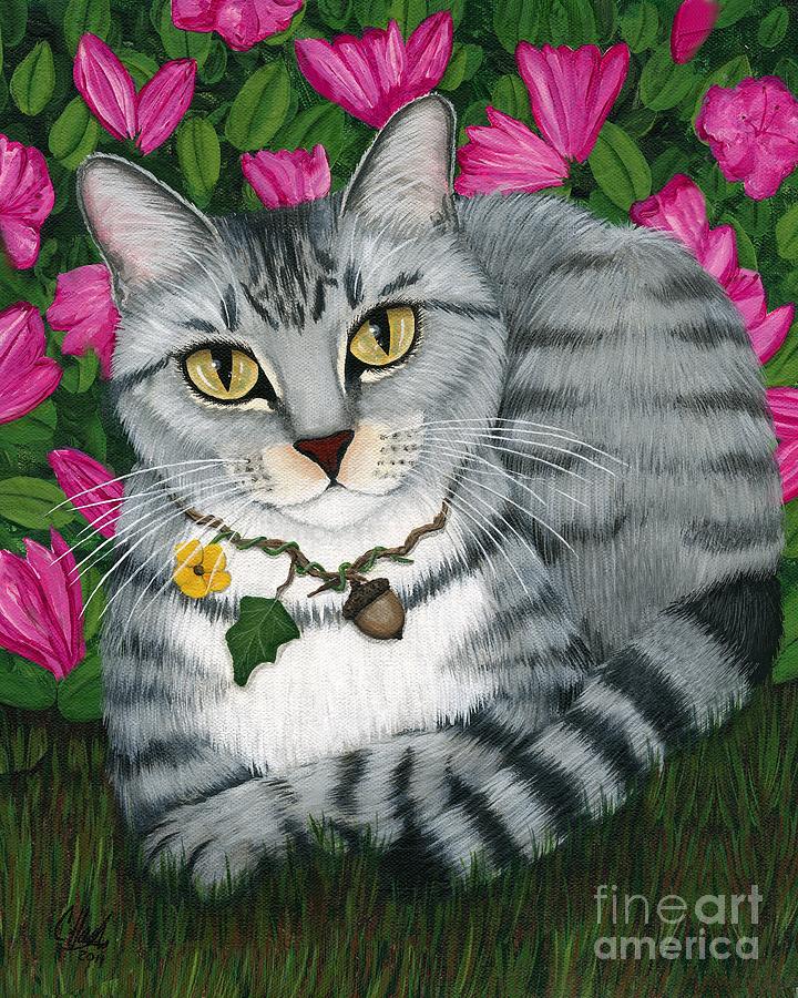 Garden Cat - Silver Tabby Cat Azaleas Painting by Carrie Hawks