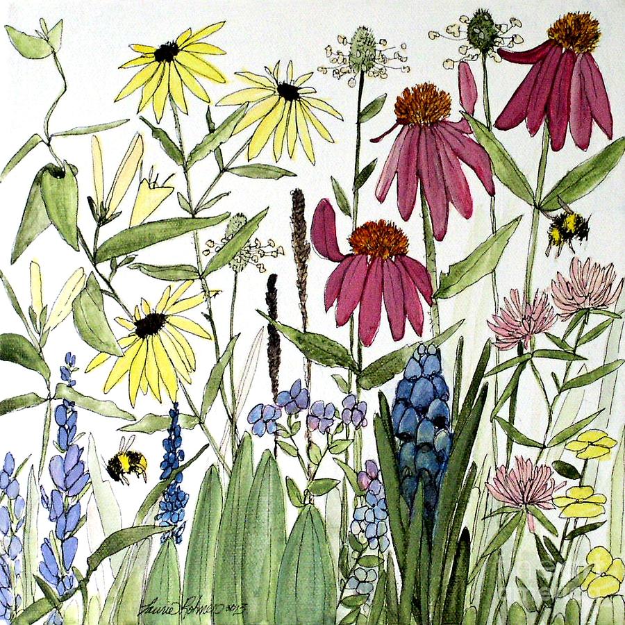 Garden Flowers with Bees Painting by Laurie Rohner