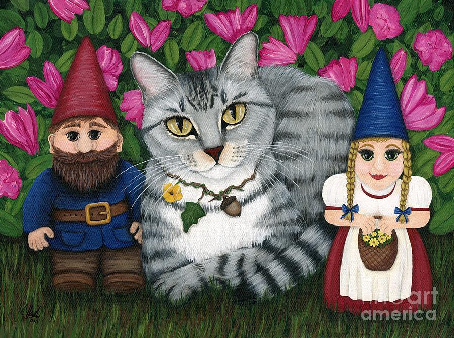 Cat Painting - Garden Friends - Tabby Cat and Gnomes by Carrie Hawks
