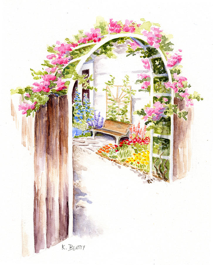 Home Garden Landscape Original Painting Watercolour Flower Garden Gate Path among Flowers Small Artworks Garden Door