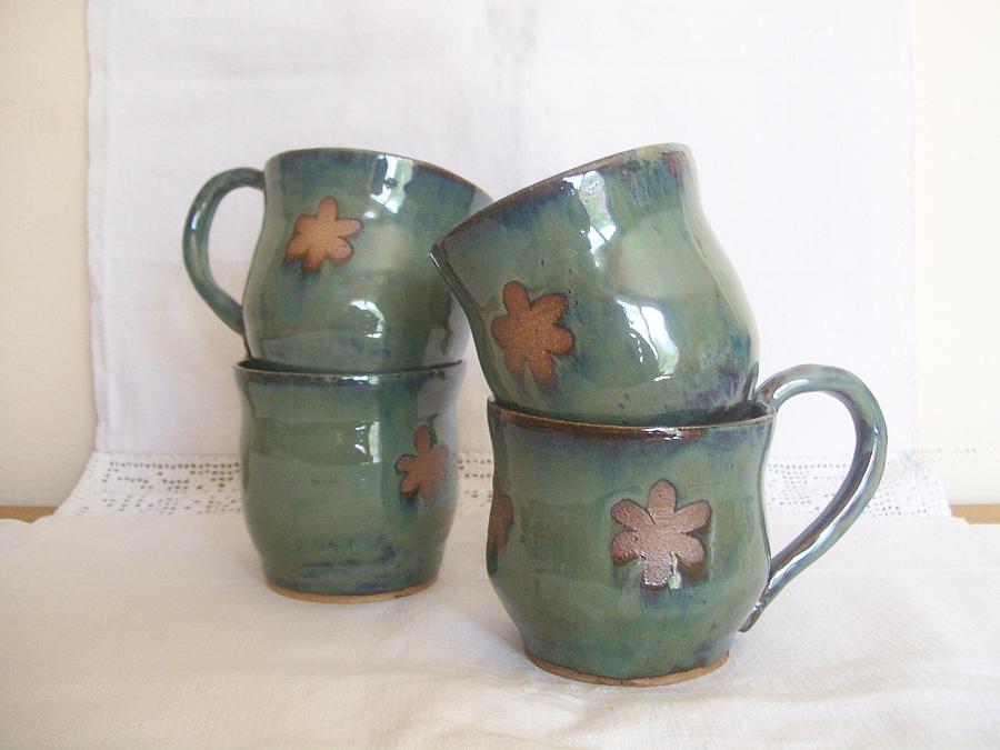 Coffee Ceramic Art - Garden green mugs by Monika Hood