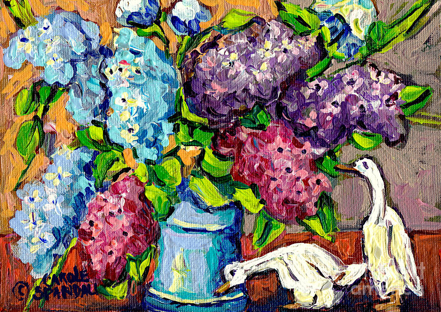 Garden Lilacs In Blue Vase And Porcelaine Ducks Original Painting By Carole Spandau Painting by Carole Spandau