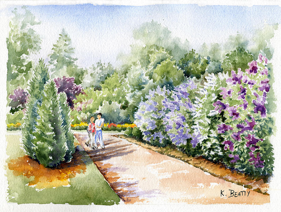 Watercolor Landscape Painting - Garden Lilacs by Karla Beatty