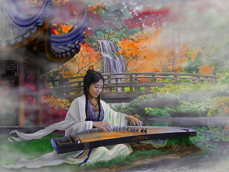 Oriental Mixed Media - Garden of Peace - Girl with Guzheng by Reb Benno