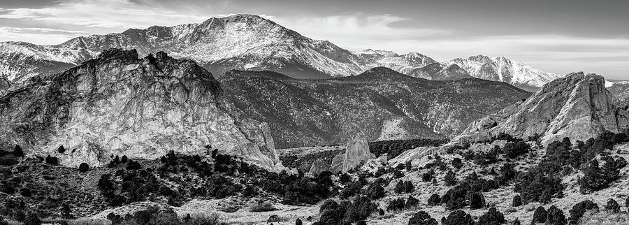 Garden of the Gods and Pikes Peak Panorama - Monochrome Photograph by Gregory Ballos