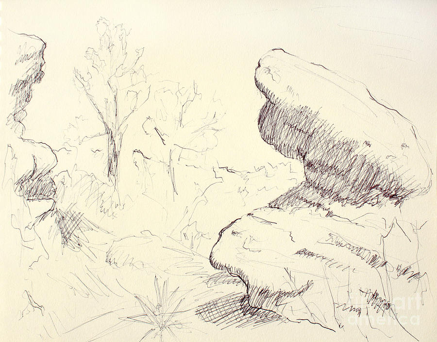 Garden of the Gods Rocks Along the Trail ink drawing on toned pa Drawing by Adam Long