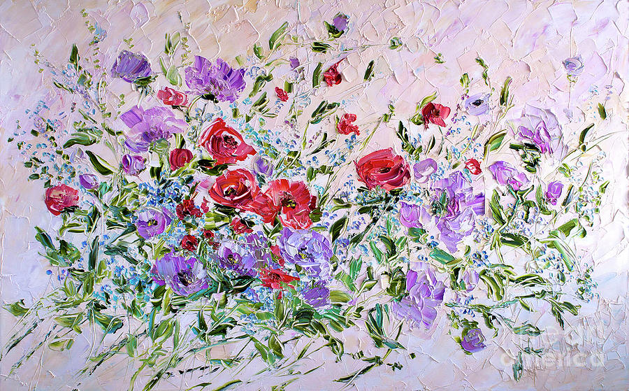 Garden Red Flowers Wall Canvas Lilac Purple Beige Forget Me Not Rose Painting By Marina Matkina
