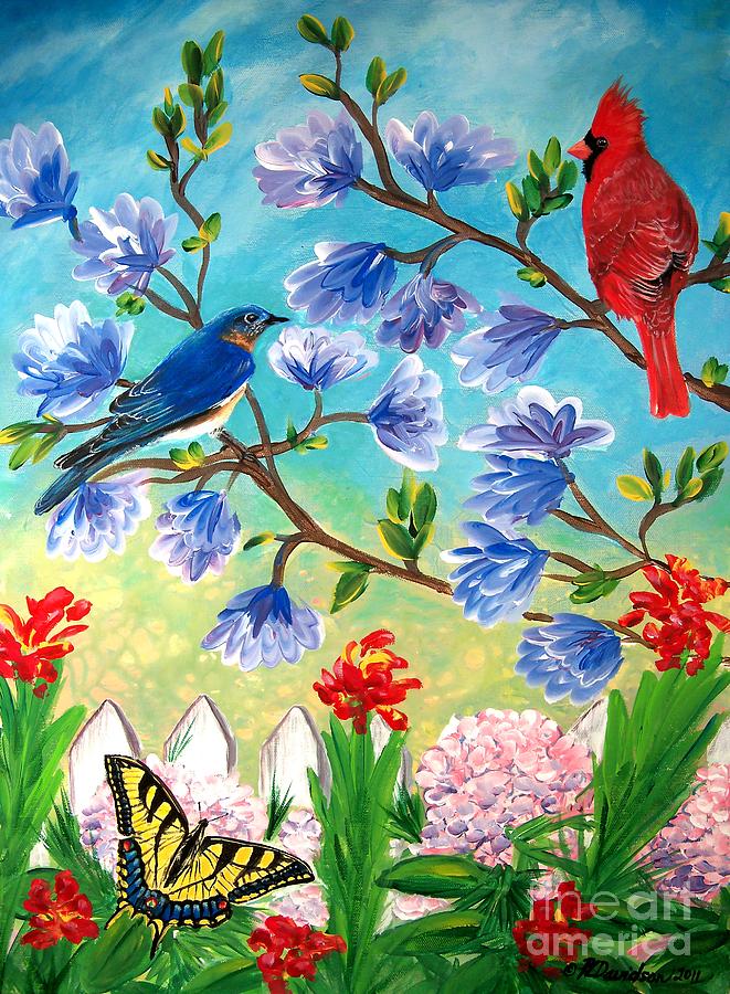 Garden View Birds and Butterfly Painting by Pat Davidson