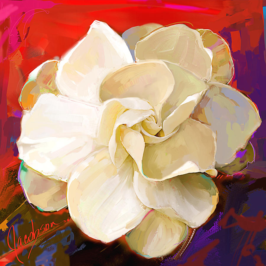 Gardenia 3  Red Painting by Jackie Medow-Jacobson