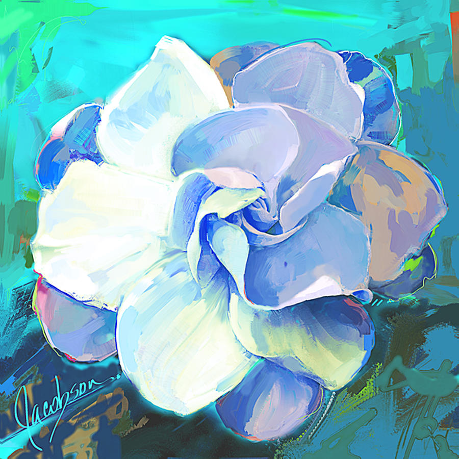 Gardenia 3 Teal Painting by Jackie Medow-Jacobson