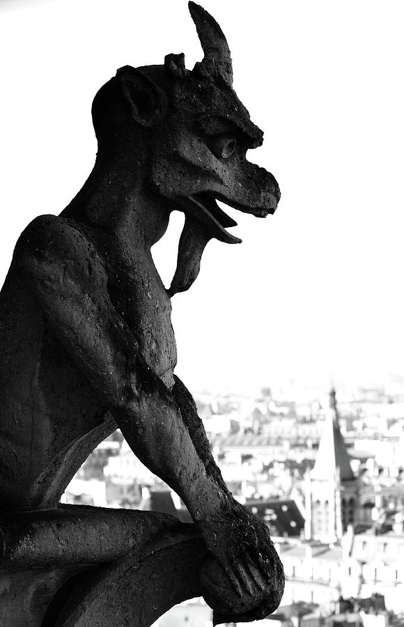 Gargoyle atop Gothic Notre Dame Cathedral overlooking Paris France Black and White Photograph by Shawn OBrien