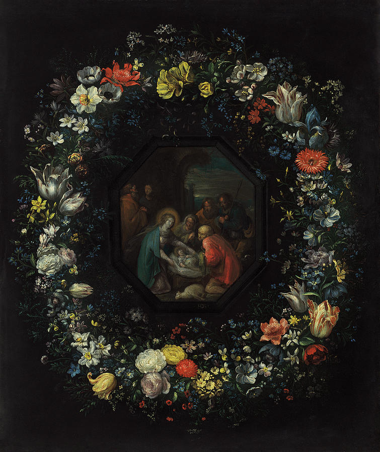 Garland of Flowers with Adoration of the Shepherds Painting by Frans Francken the Younger and Master HDB
