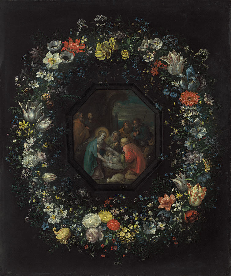 Garland of Flowers with Adoration of the Shepherds Painting by Frans Francken the Younger