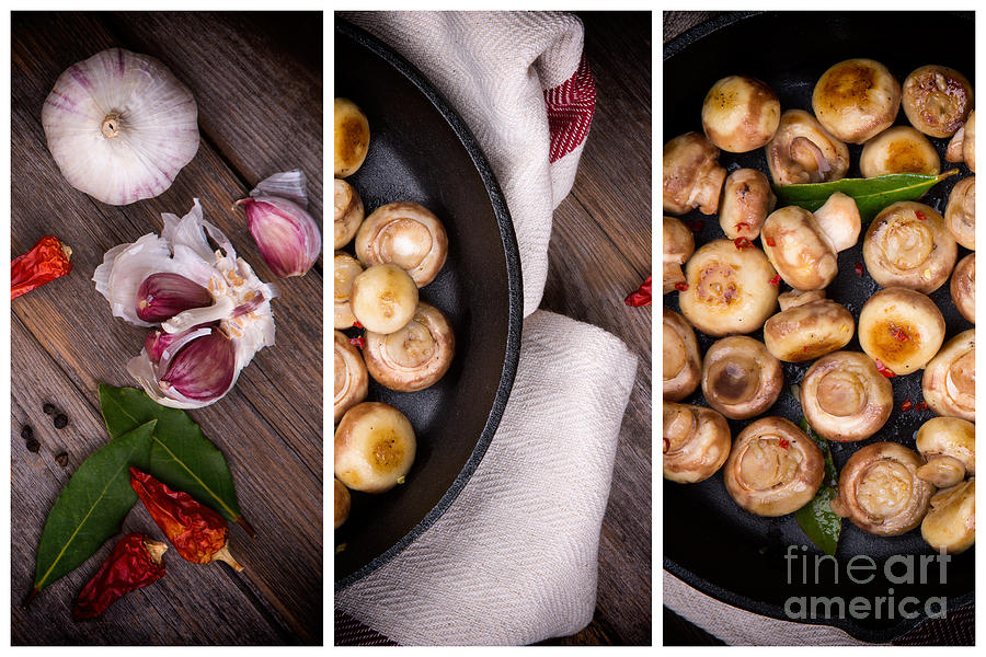 Garlic mushrooms triptych Photograph by Jane Rix